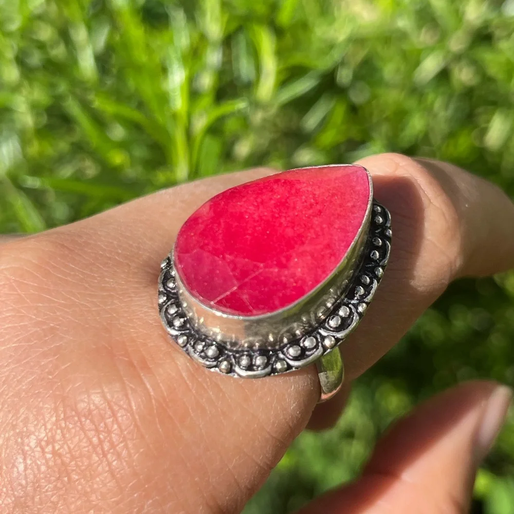 Size 9 925 silver plated‎ hot pink simulated ruby ring